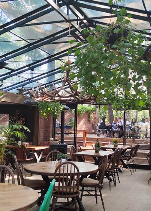 نمایی از فضای غذاخوری چوبی Turkcell Platinum Park در میان درختان.